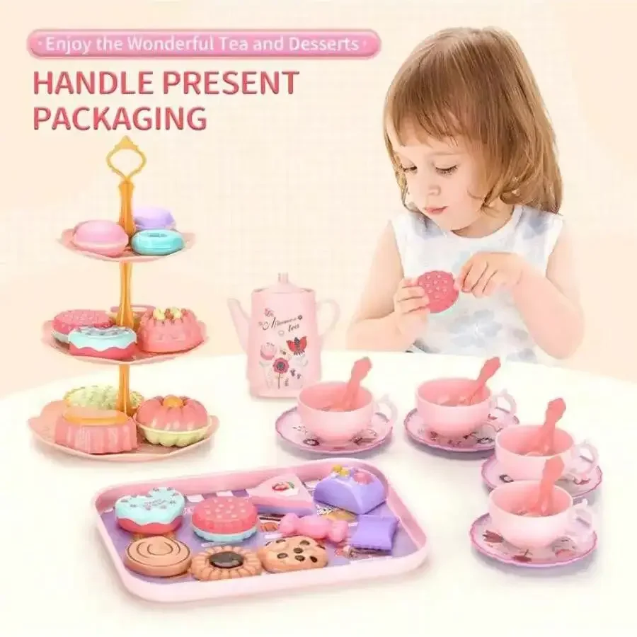 Ensemble de fête de thé pour filles, 42 pièces, jouets de cuisine princesse avec biscuits desserts, beignets et théière, cadeau de jeu de rôle pour enfants