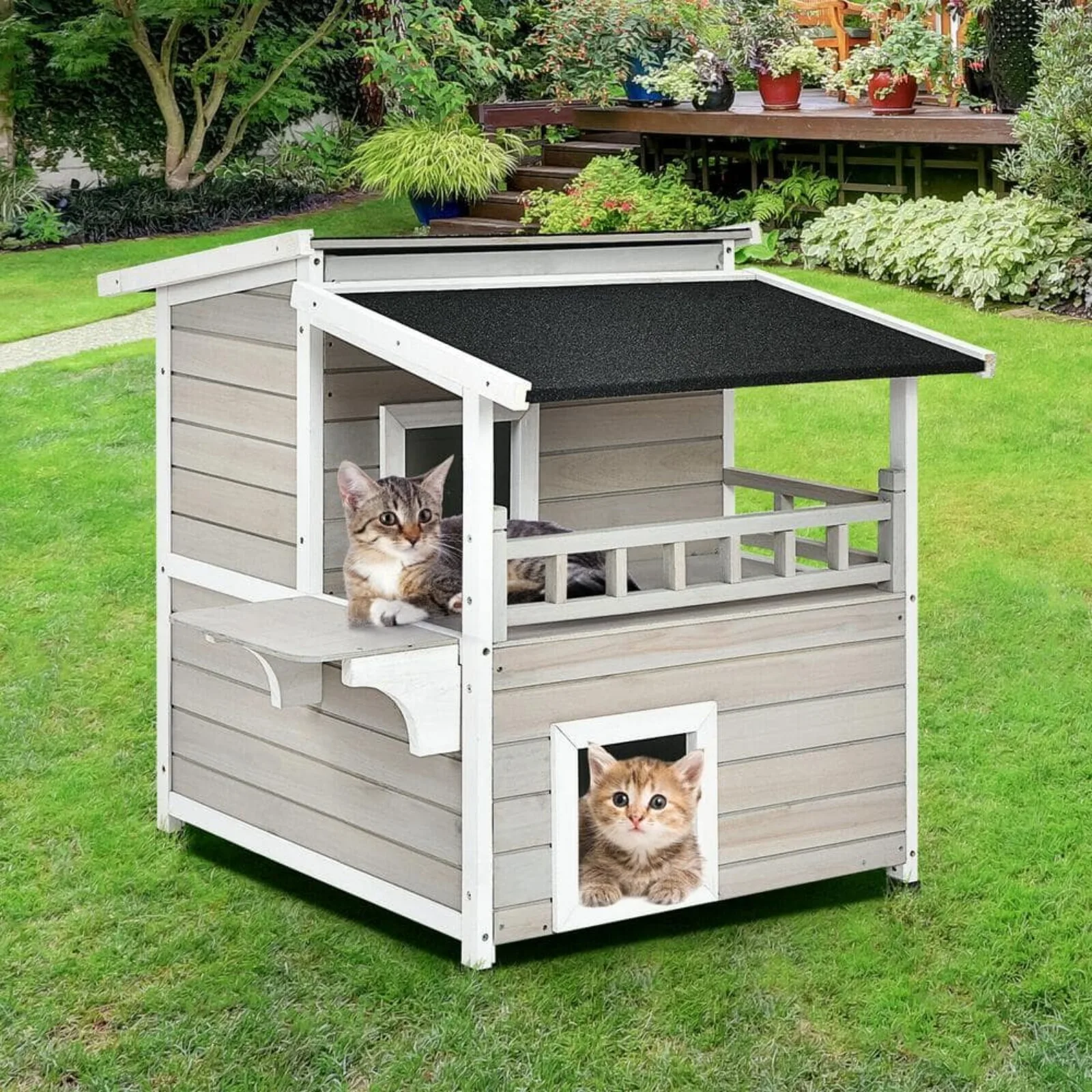 US Grey Solid Wood Cat House Larger Design for 3 Adult Outdoor Cats Weatherproof