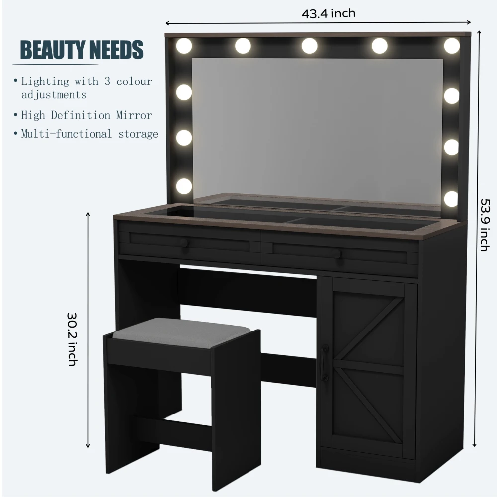 

43.4" Makeup Vanity Table with Large Mirror and 11 LED Lights, Adjustable Brightness, 3 Drawers, Vanity Desk for Women