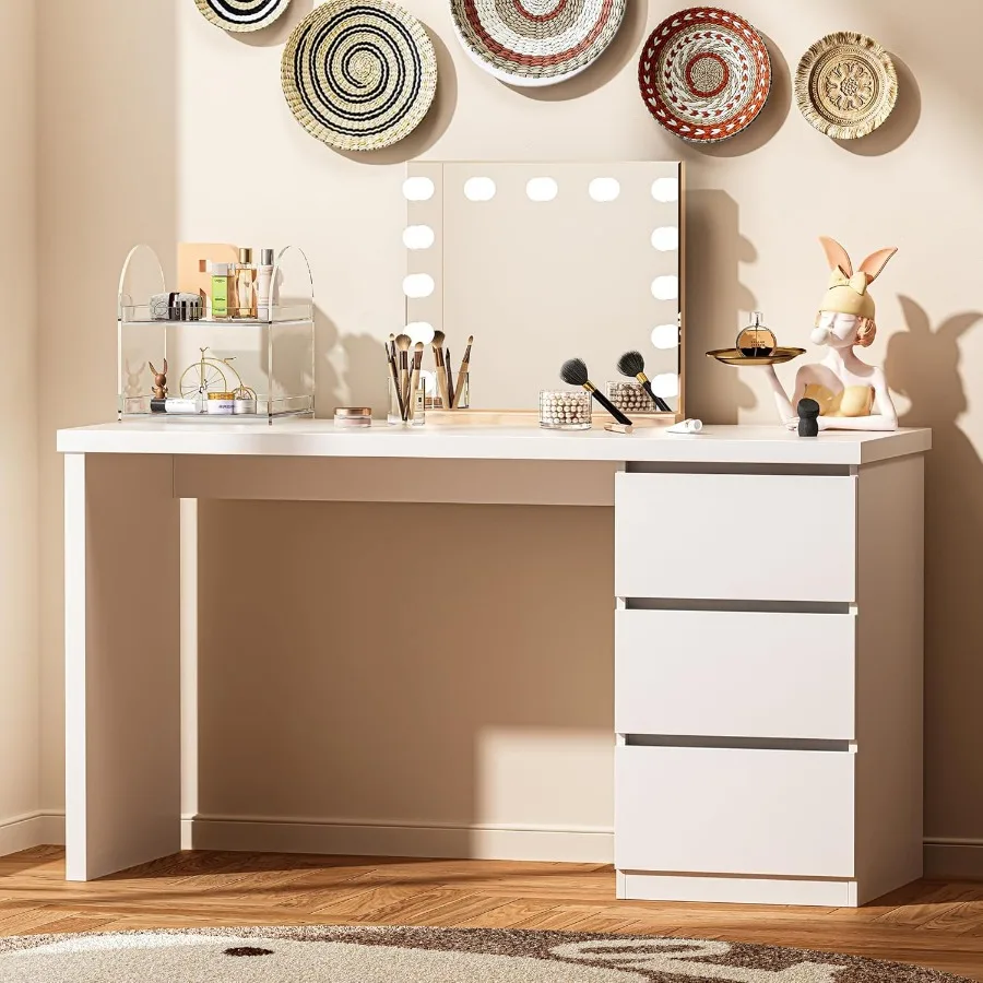 White Desk with Drawers 47'' W Home Office Desk Gaming Table Modern Vanity Desk with Storage Wood Computer Desk Writing Worksta