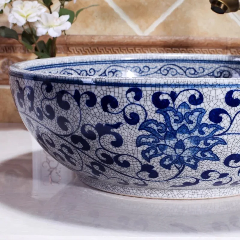 Chinese Hand Painted Bathroom Vessel Sink Bowl Blue And White Porcelain Countertop Wash Basins for Vanity Top Shampoo Sinks