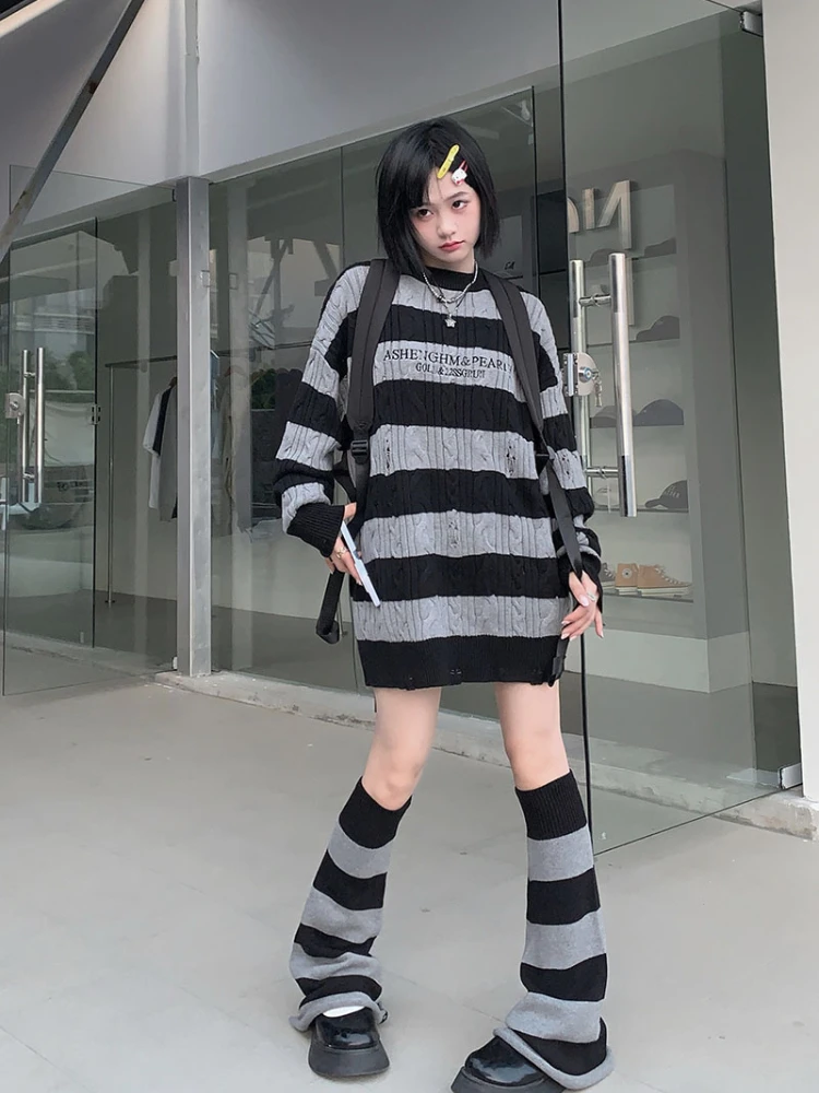 KOSAHIKI Gothic Sweaters Women Two Pieces Set Harajuku Knitted Striped Jumper + Leg Warmmer Y2k Aesthetic Grunge Tops Streetwear