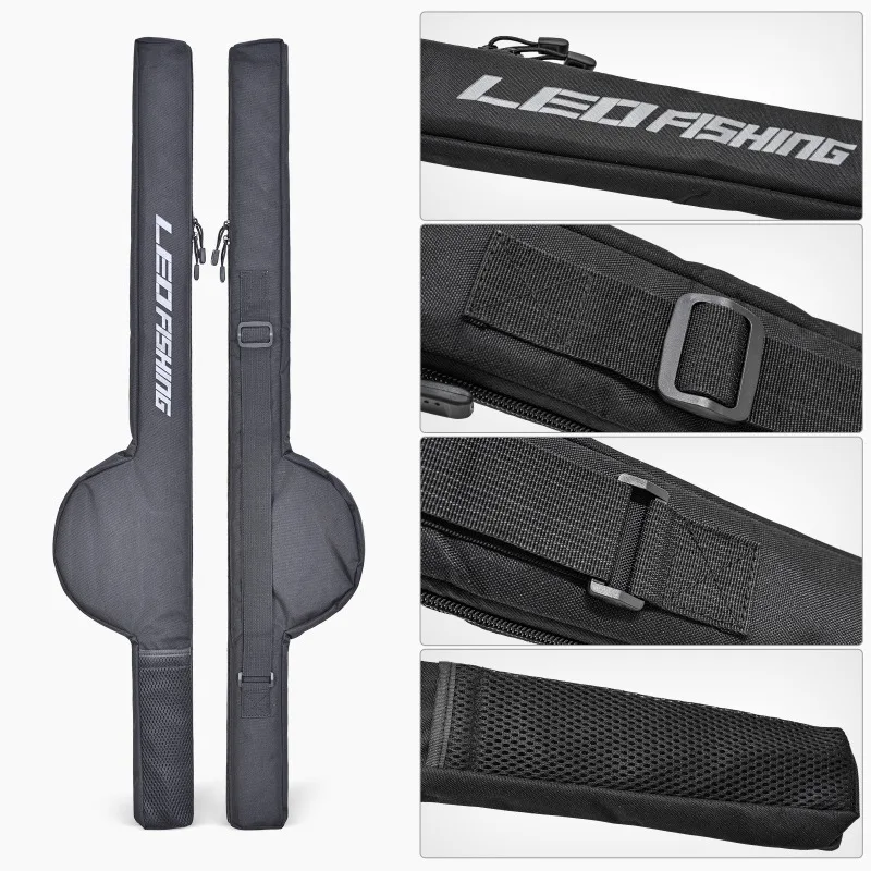 オックスフォード布製ブラック釣り竿バッグ、ポータブル折りたたみ式釣り竿バッグ、大容量、調節可能なストラップ付き、アウトドア釣り用
