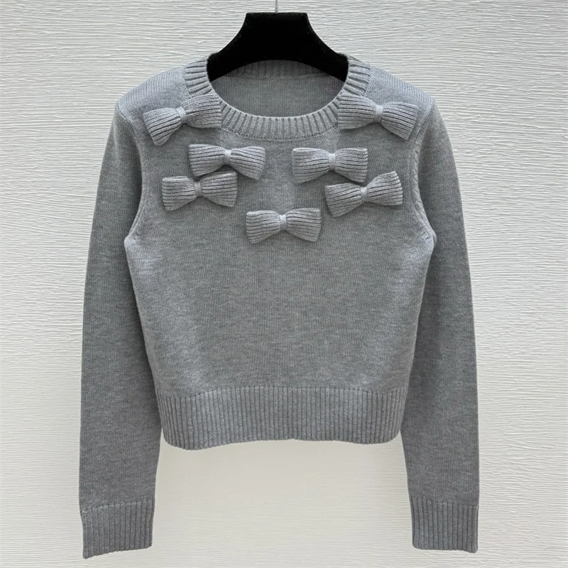 

Women's sweater New elastic knitted slim fit long sleeved top for autumn 2025 Bow decoration round neck pullover Women's jumper