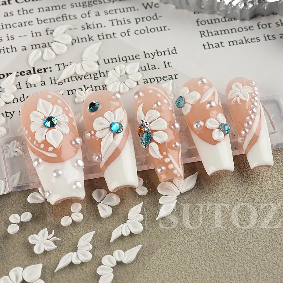 5D Relief Flowers Nails Stickers White Acrylic Carving Blossom Butterfly Decals Wedding Nail Ideas DIY Manicure Applique #JI5D95