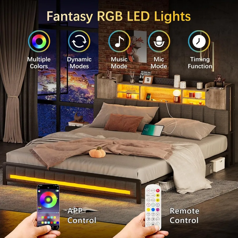 Queen Bed Frame with Storage Bookcase Headboard & LED Lights,Upholstered Bed Frame with USBCharging Station,No Box Spring Needed image 4