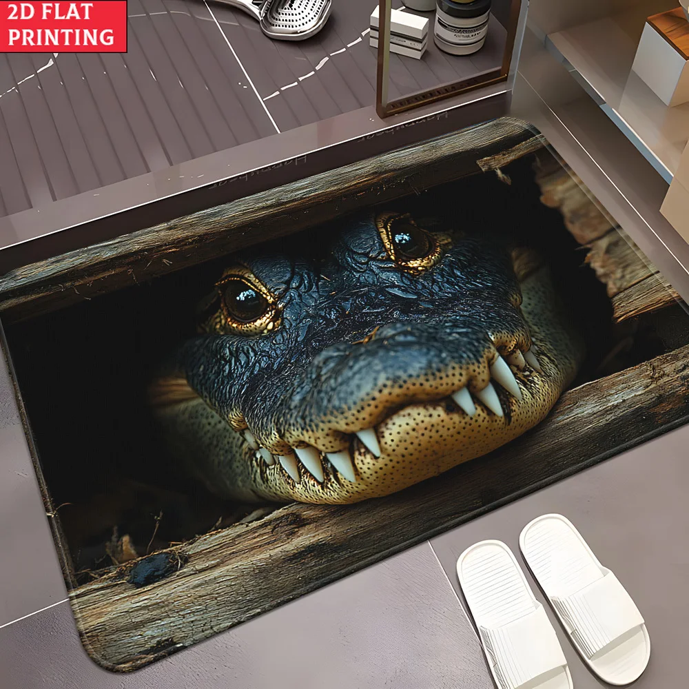 Cute Peeking Crocodile 2D Flat Print Non Slip Absorbent Washable Rug Mat For Entrance Indoor Outdoor Camping
