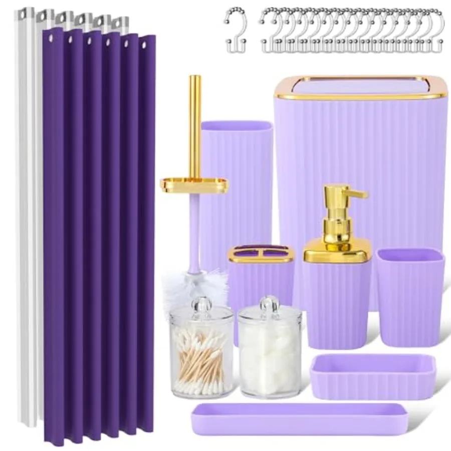 

Фиолетовый набор для ванной комнаты, 23 предмета: фиолетовые аксессуары для ванной с душевыми занавесками, мусорным ведром, держателем для зубных щеток и дозаторами для мыла.