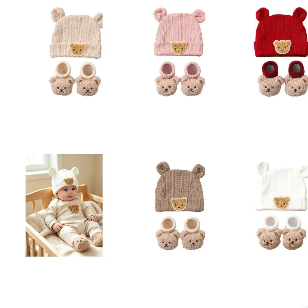 Soft Fabric Baby Accessory Set with Bear Ear Hat and Booties A2UB