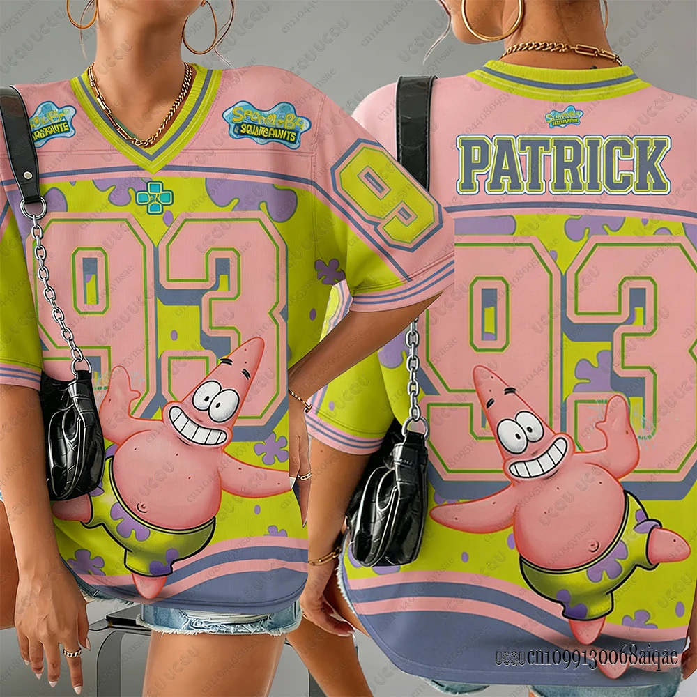 Camisetas con estampado de Bob Esponja SquarePants No 93 para mujeres y hombres, camisetas deportivas con cuello en V para verano, camisetas de fútbol de gran tamaño Y2K para parejas, camisetas de calle