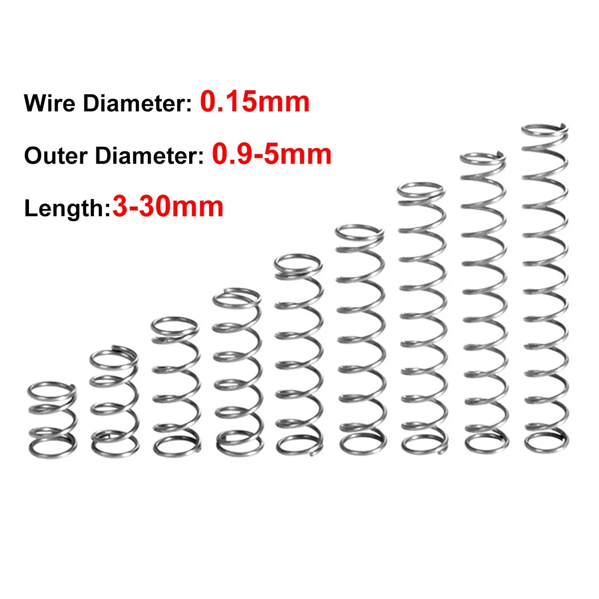 

10PCS 0.15mm Stainless Steel Compression Springs Pressure Spring Wire Dia 0.15mm Outer Dia 0.9 1 1.5 2 2.5 3 4 5mm Length 3-30mm