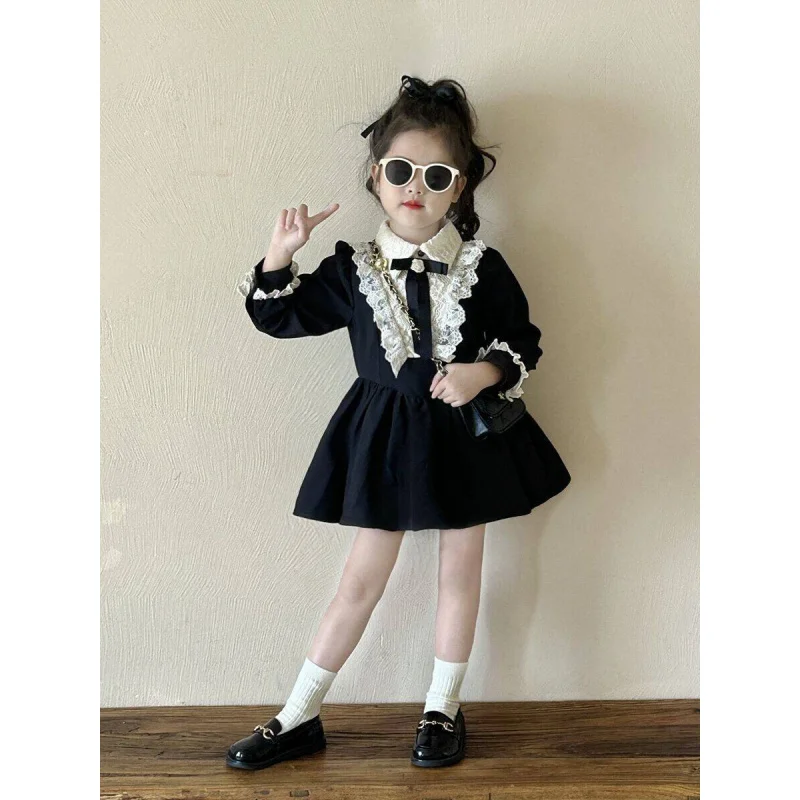 

Korean Children's Clothing2025Autumn Winter New Hepburn Style Black Lace Patchwork Tea Break Dress for Girls Niche French Style