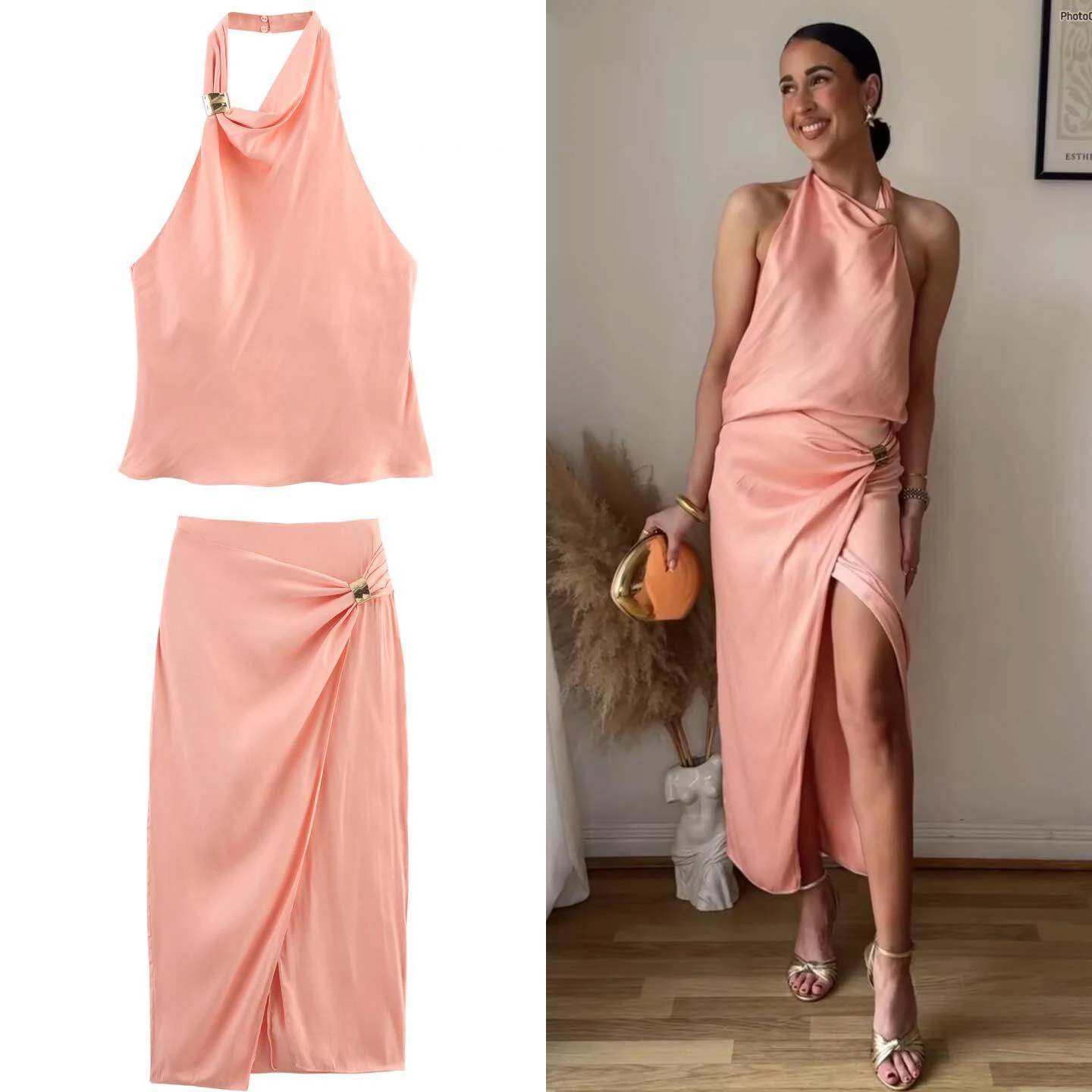 

Halter Neck Backless Vest Top And Slit Long Skirt Two Piece Set 2025 New Champagne Pink Satin Women Set Fashion Summer Outfits
