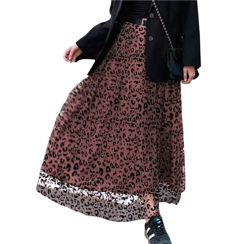 

CYL-Women's Leopard Print Skirt Y2k Goth High Waist Ruffled Pleated Flowy Long Skirts
