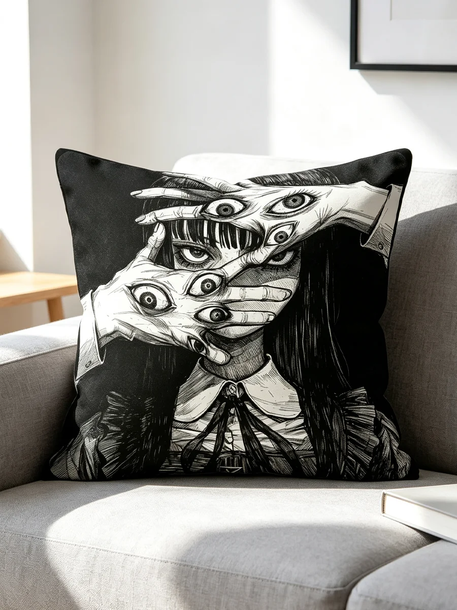 1PC Throw Pillow Cover,Black White Multi Eyes Girl Print,Goth Horror Style,For Bedroom Sofa Indoor Decor