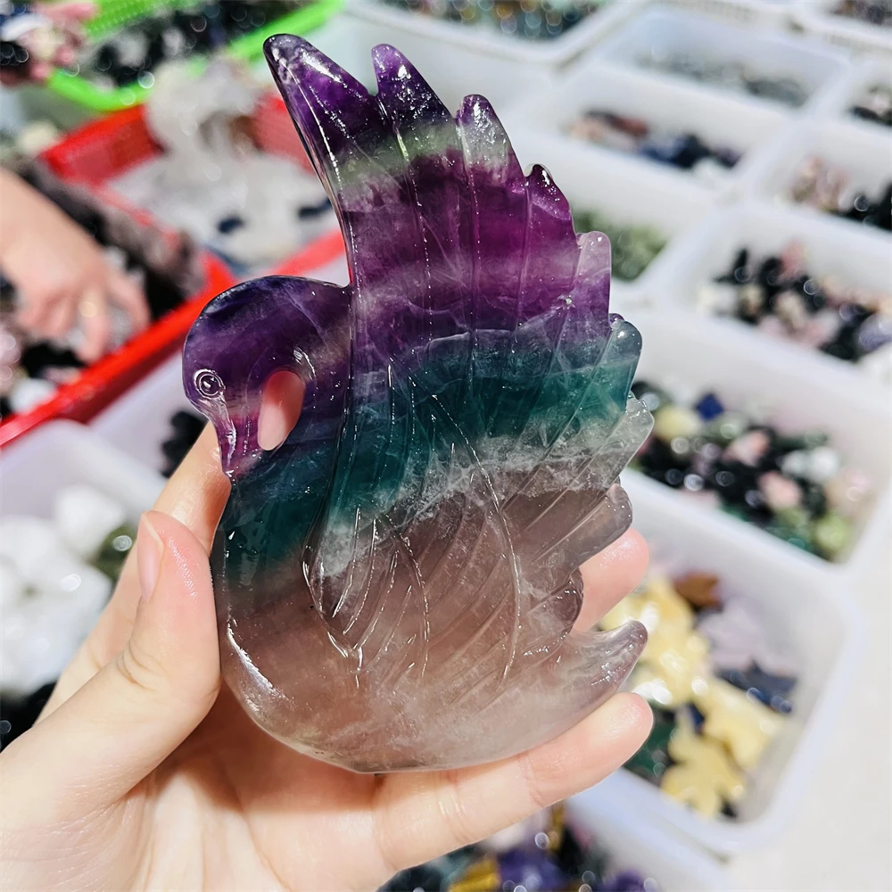 1PCS Natural Rainbow Fluorite Swan Animal Reiki Healing Fengshui Stone Decorative Carving for Holiday Crafts & Gifts