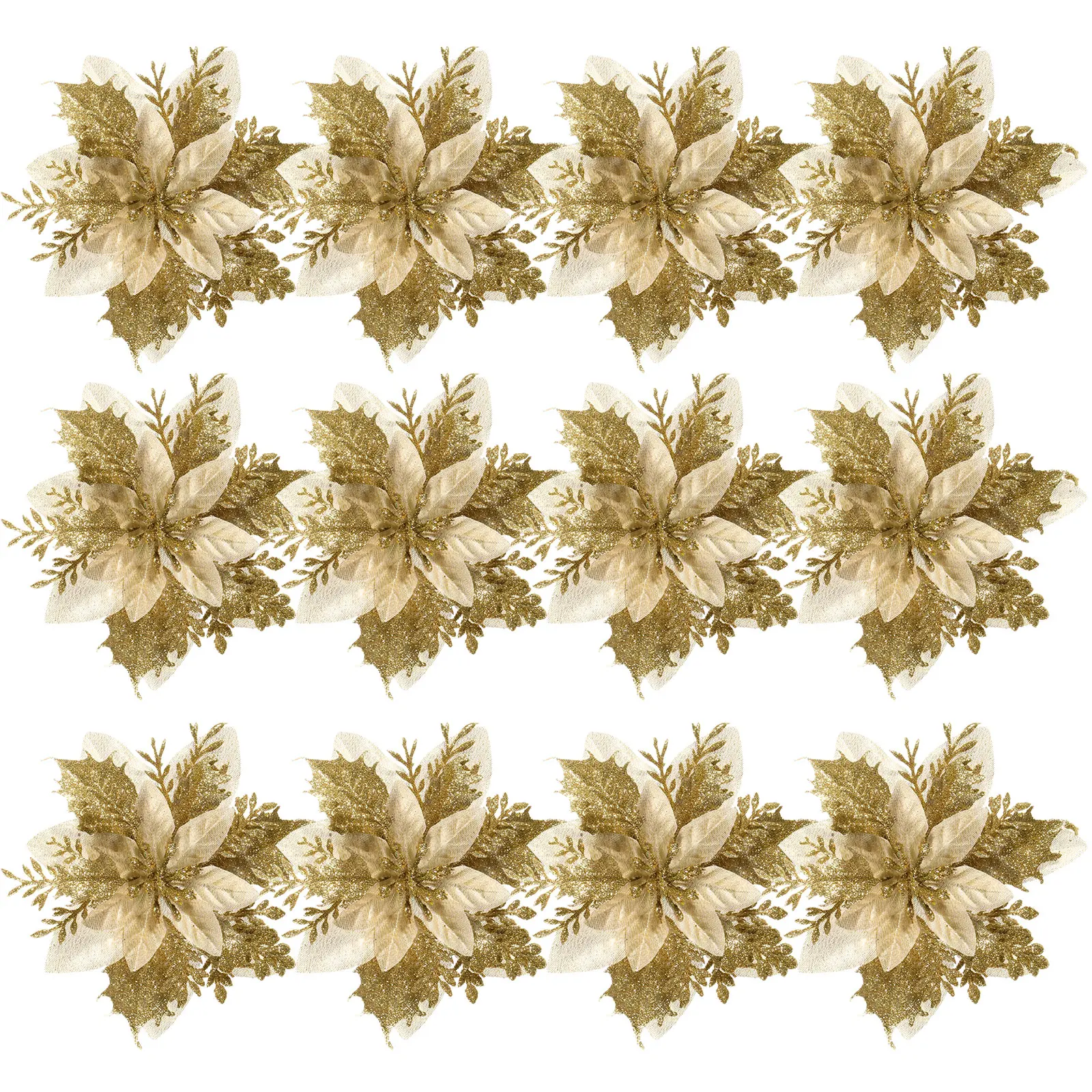 

12pcs Christmas DecorationGlitter Poinsettia Flowers Artificial Garland Ornaments Tree Centerpieces Home Office Wedding Party