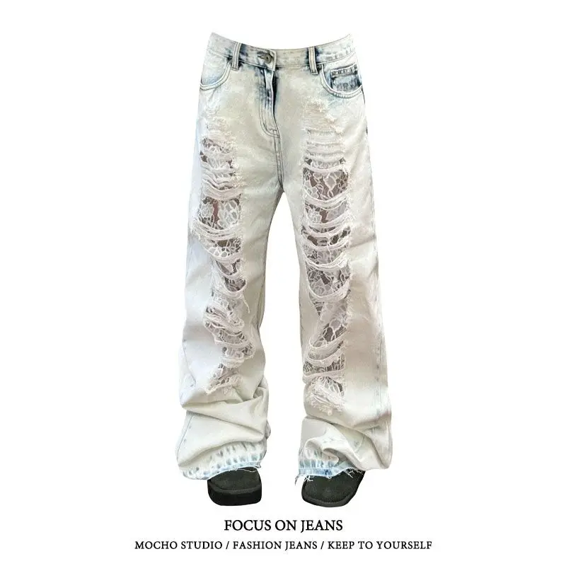 

Washed American Street Style plus Size Jeans Straight Leg Drapey Lace Design Loose Long Pants Trendy for Pear Shaped Women