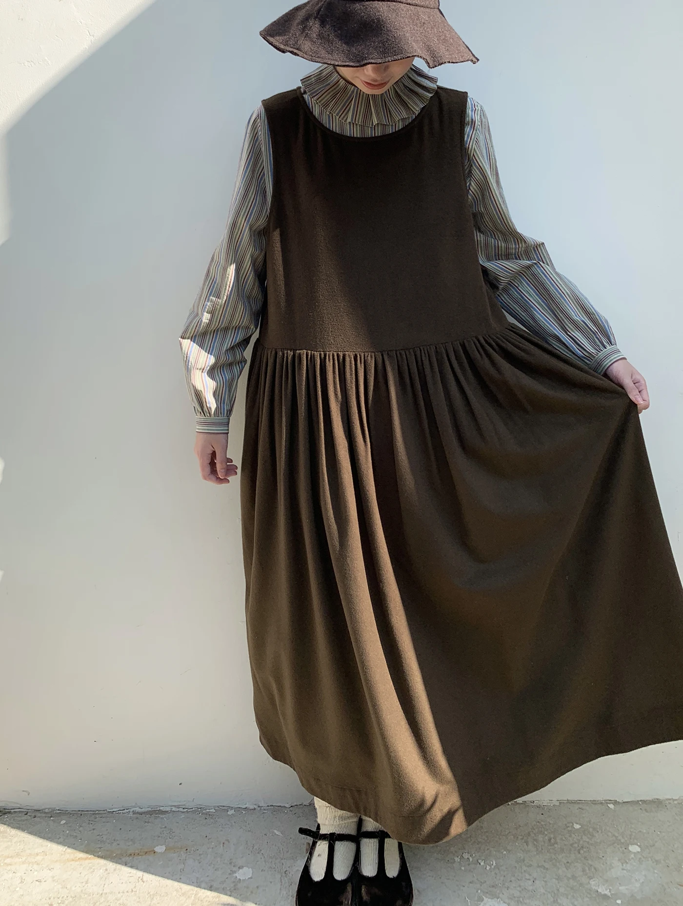 Falda casual marrón de mezcla de lana, estilo chaleco, con gran vuelo, de lana hilada de precisión, para mujer, corte en A, larga, holgada, con cuello redondo.