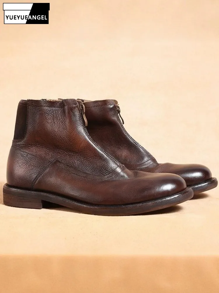 

Однотонные ботильоны из натуральной кожи на среднем каблуке в стиле ретро на молнии, модные высокие туфли ручной работы из воловьей кожи с круглым носком на платформе