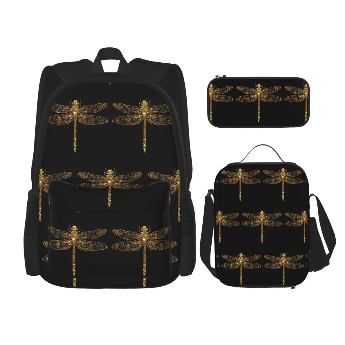 Fancy Gold Glitter Dragonfly Backpacks Kids Bookbag School Bags Rucksack Lunch Bag Pen Bag Three-Piece Set