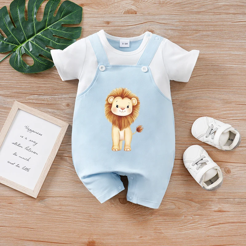 

Newborn baby summer fake 2-piece strap short-sleeved cute lion round neck jumpsuitAdorable Cute Stylish Chic Colorful Soft Comfo