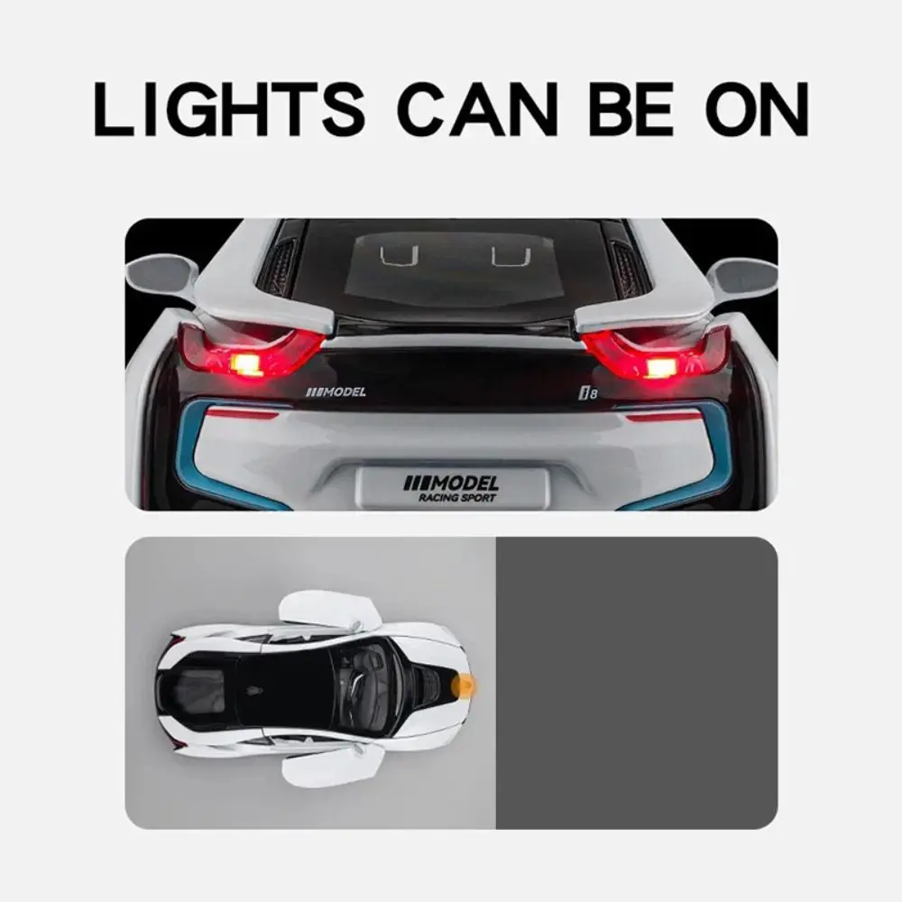 1:22 i8 سيارة رياضية مصنوعة من خليط معدني نموذج مضاد للسقوط ألعاب سيارات قابلة للسحب واقعية مدمجة مع ضوء وصوت لعيد الميلاد