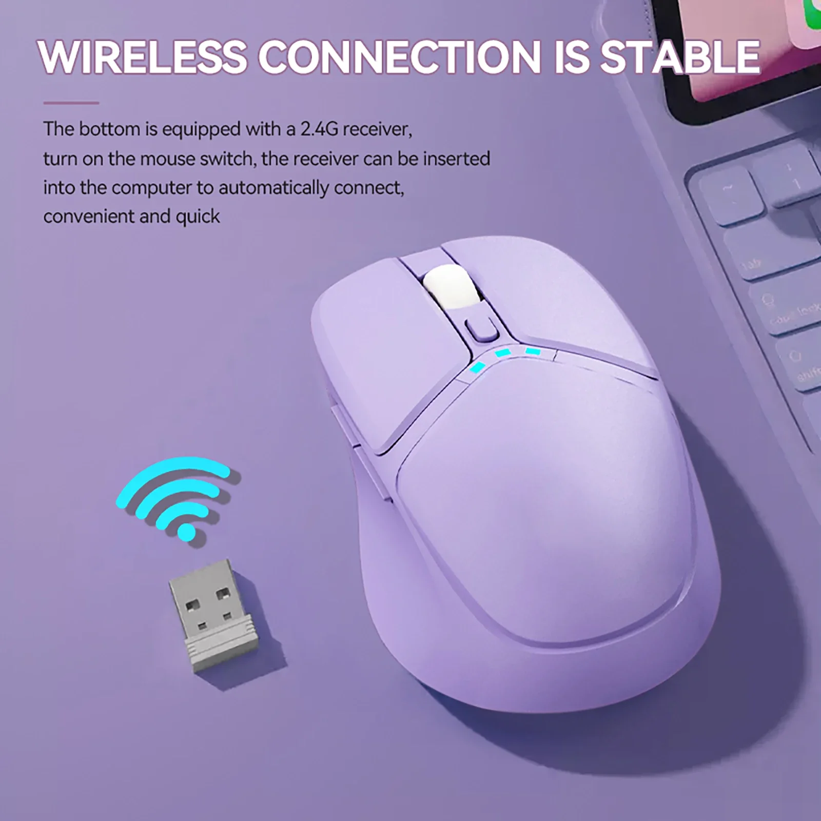 Souris d'ordinateur portable sans fil, silencieuse, violette, mignonne, avec indicateur de batterie, charge 2.4G de Type C, conception adaptée au bureau pour femmes