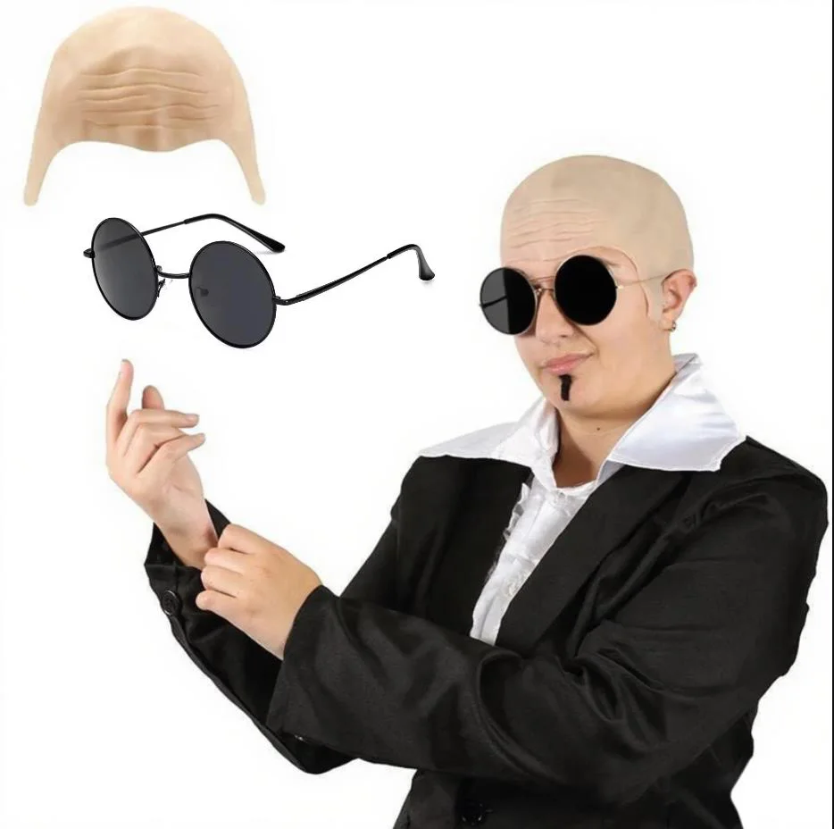 Halloween Accessories Pitbull Cosplay Prop Nude Latex Bald Cap Black Sunglasses Black Costume Accessory Set