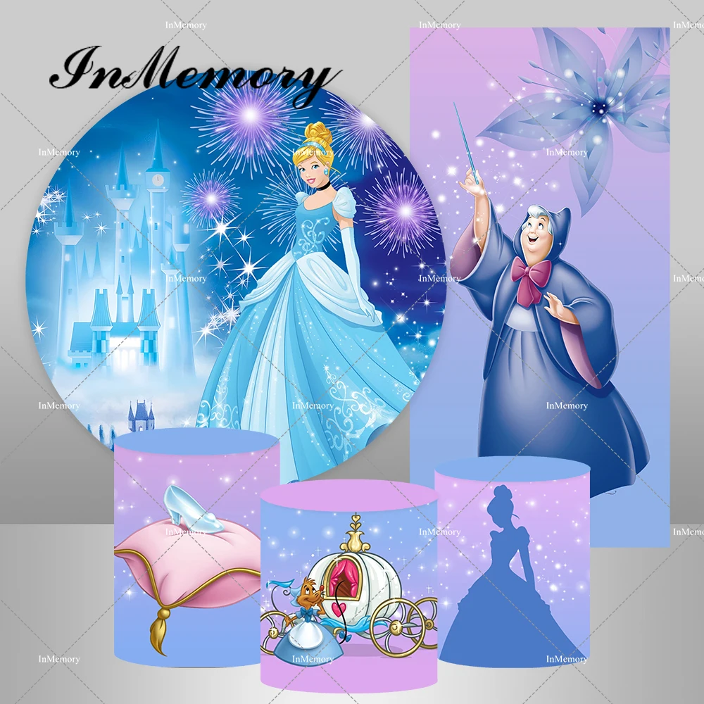 

Cinderella Princess Girls Birthday Party Round Backdrop Fairy Godmother Rectangle Banner Glass Shoes Carriage Cylinder Cover