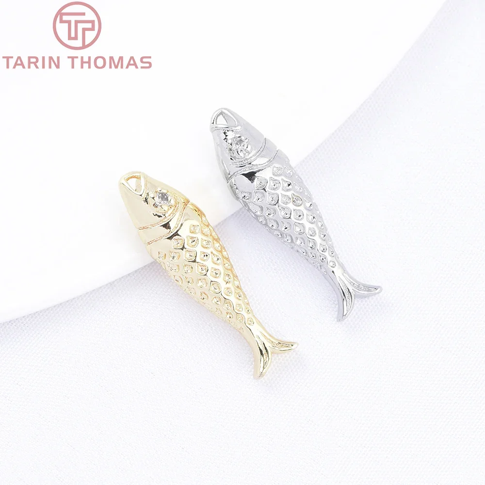 

(9941) 6PCS 5.8x20.5MM 24K Gold Color Brass with Zircon Fish Shaped Pendants Charms High Quality DIY Jewelry Making Findings