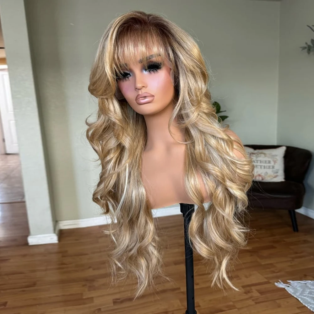 Ombre Golden Blonde Women Bangs Wig Rooted Premium Futura Fibre Synthetic Wig Heat Resistant Long Wavy Fringe Hair Natural Look