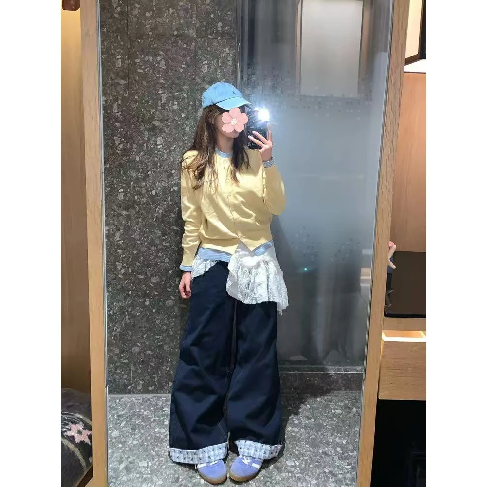 Sweet Simple round Ne Splice Knitted Open Cardigan Women's Design Slimming Versatile Top Early Autumn 2025 Commute Sle Lo...