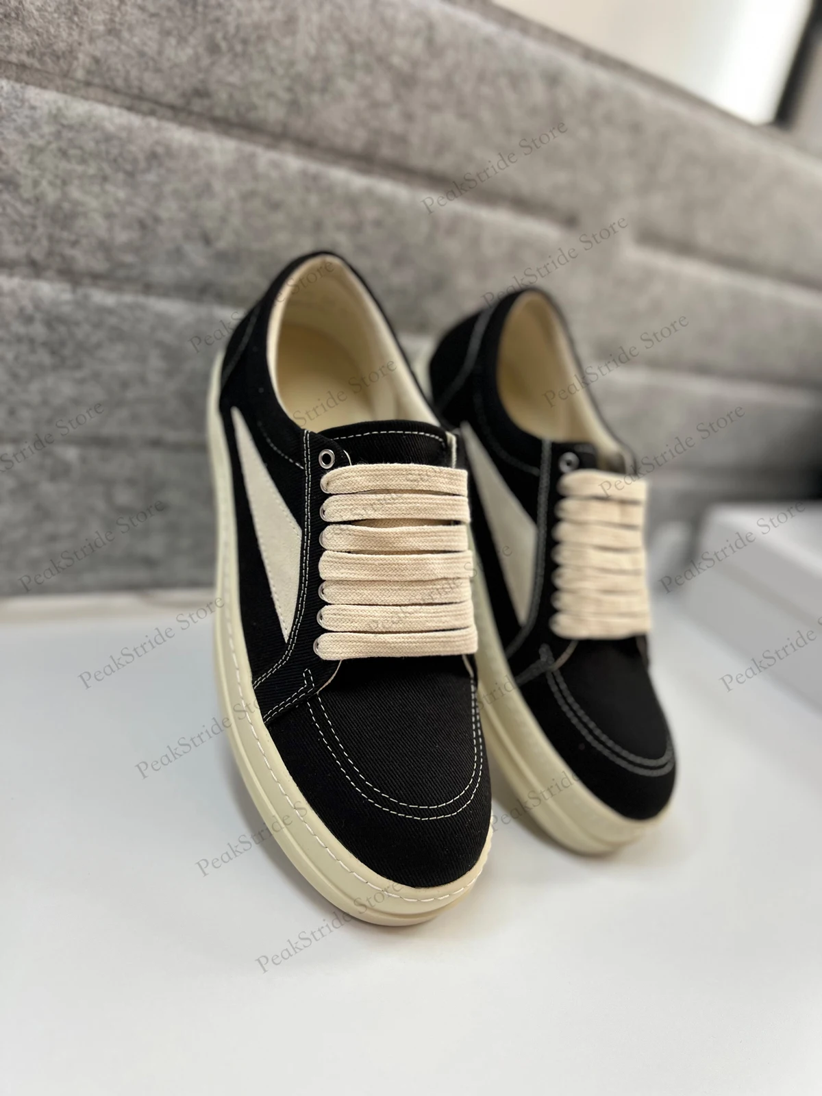 

Unisex Black Twill Canvas Low Top Sneakers Luxury Thick Sole Leather Streetwear Style Trainers for Men & Women