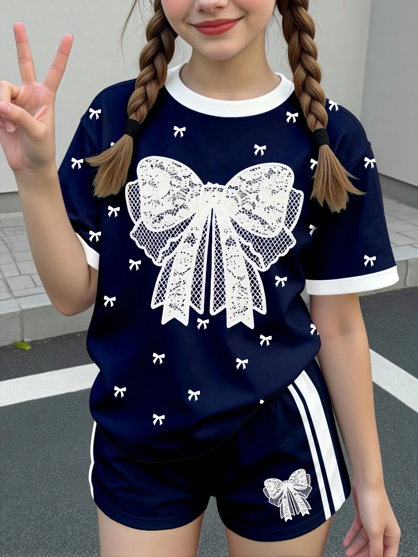 Girls Clothes Cartoon Cute Bows Flowers 3D Print Girls Short Sleeve T-Shirt Pants Set Casual Fashion Children's Clothing Tops