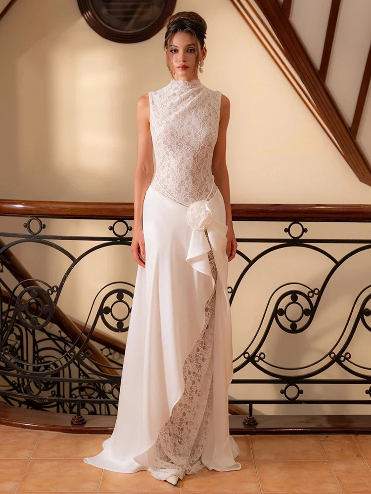 VCガーデンウェディング エアリーグレース ホワイトレース＆シフォン アシンメトリーマキシドレス フラワーディテール付きイブニングガウン