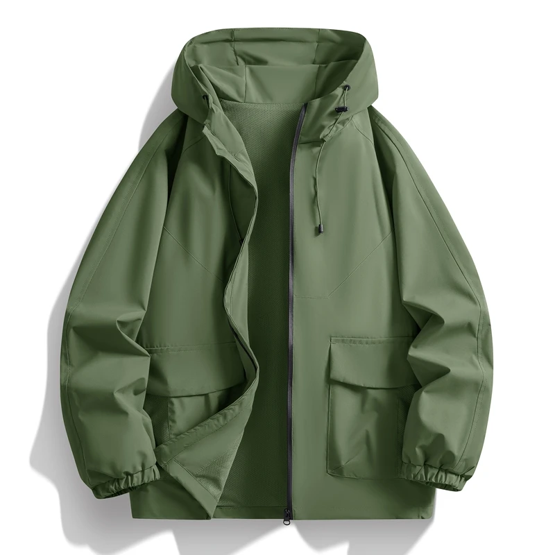 Unisex Wasserdichte Kapuzenjacke mit Verstellbarer Kapuze, Elastischen Manschetten, Cargo-Taschen, Lockerer Wander- und Outdoor-Mantel – Detail 7