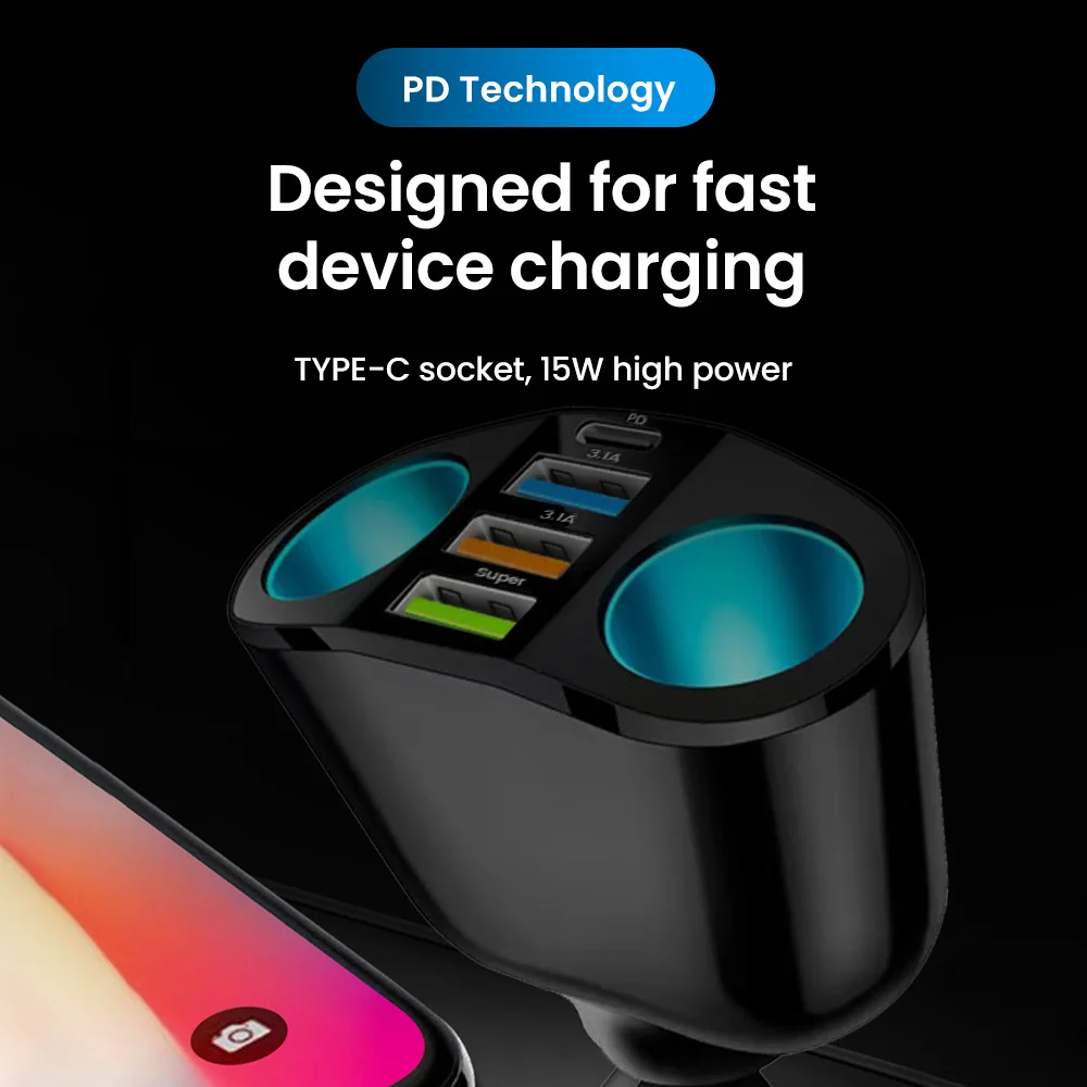 شاحن سيارة Elough 66W فائق السرعة QC3.0 مع شاشة رقمية 2 في 1 شاحن سيارة USB متعدد الوظائف #4