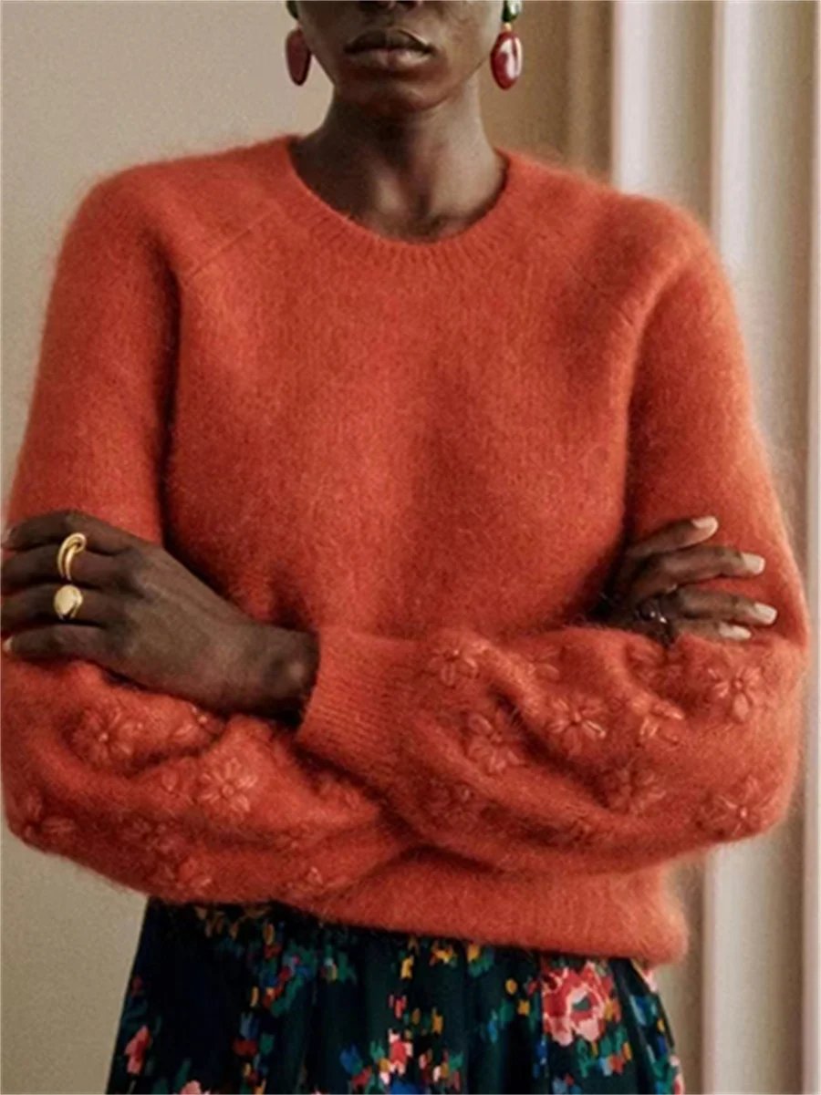 Suéter informal con cuello redondo y flores bordadas con puños elegantes para mujer, Tops que combinan con todo en 2 colores, otoño 2025