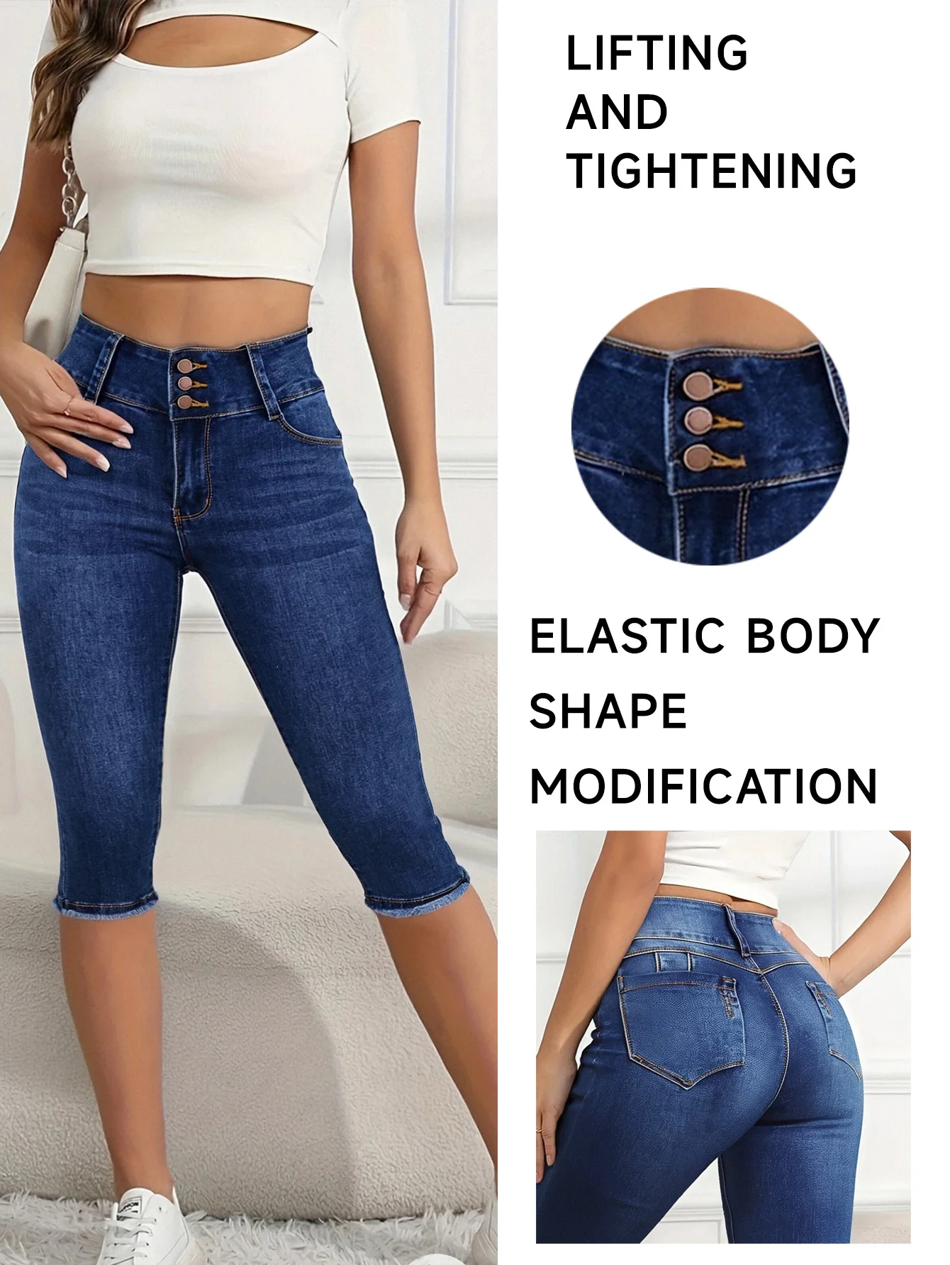 

High - Rise Stretch Capri Jeans for Women, Triple - Button Closure & Flattering Fit