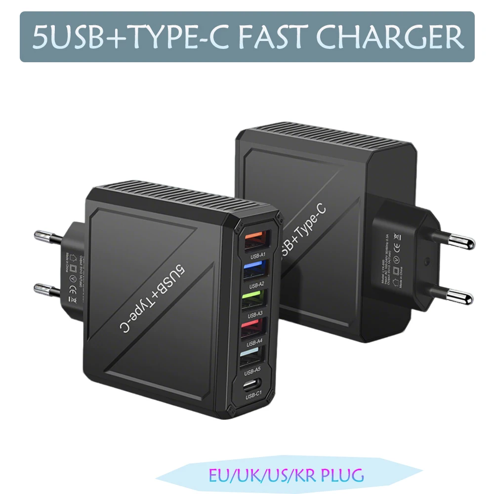 65W USB Charger Type C Quick Charge 6 Ports Fast Charging For iPhone 15 Pro Max Xiaomi 14 Samsung S24 Mobile Phone Wall Adapter