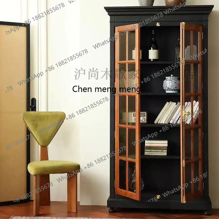 

Nanyang Style Retro Solid Wood Wine Cabinet French Mid-Century Style Double Door Glass Sideboard Display Storage Cabinet