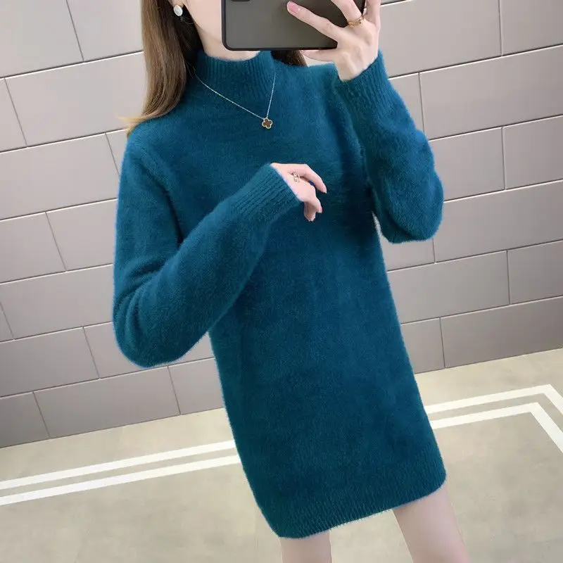 Autumn Winter Women Clothing High Collar Mink Cashmere Basic Knitted Sweater Solid Casual Loose Long Sleeve Thick Warm Pullovers