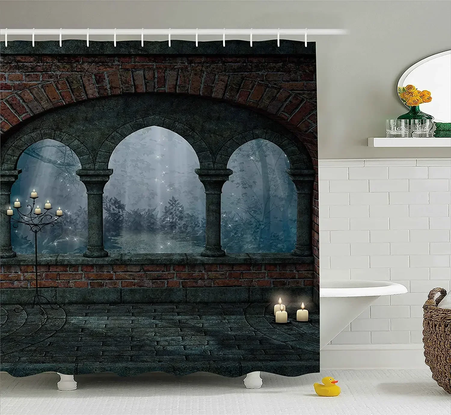 Gothic Decor Shower Curtain Medieval Castle at Night with Old Arch and Candles Middle Age Misty Image Bathroom Curtains