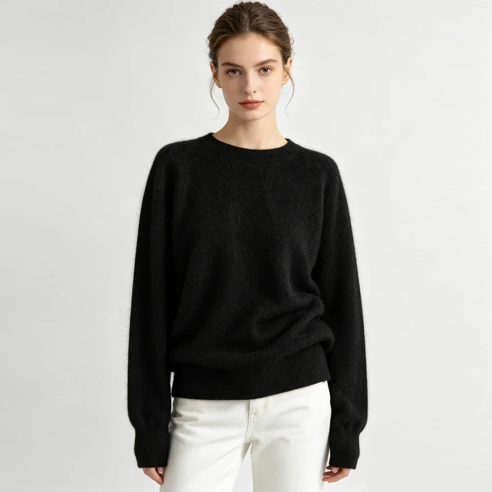Women's New Seamless One Piece Lazy Loose 90%Wool 5%Cashmere 5%Natural Mulberry Silk Blended Knitted Round Neck Knitted Sweater