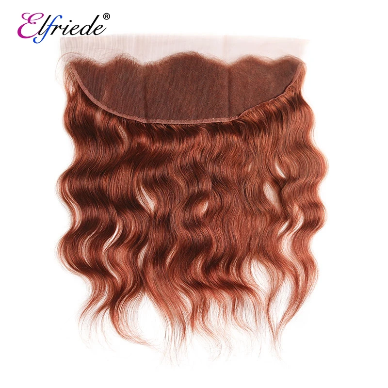 Elfriede #33 Dark Auburn Colored Natural Wave Hair Bundles with Frontal Human Hair Sew-in Wefts 3 Bundles with Lace Frontal 13x4