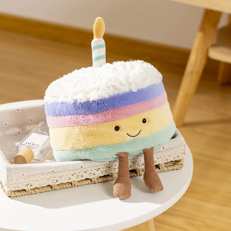 

New Cute Fluffy Smile Rainbow Cake Plush Toy Simulation Stuffed Soft Plushie Dessert Birthday Cake Doll for Kids Birthday Gifts