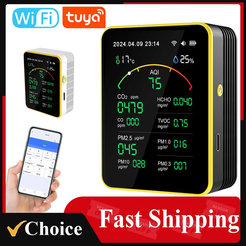 Tuya WiFi 15 in 1 Air Quality Detector Household Portable AQI PM0.3 PM1.0 PM2.5 PM10 CO CO2 TVOC HCHO Tester with Alarm Function