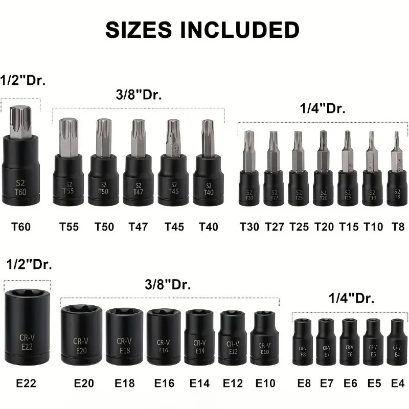 25Pcs Torx Bit & Socket Set, 13 Star Bits (T8- T60) & 12 E-Torx Sockets (E4-E22), Professional Auto & Motorcycle Mechanic Set