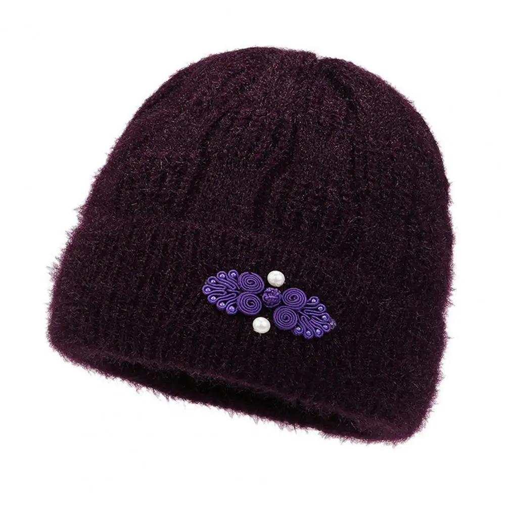 Winter Beanie Hat Mid-aged Women's Hat with Flower Dome Knitted Stretchable Beanie Hat